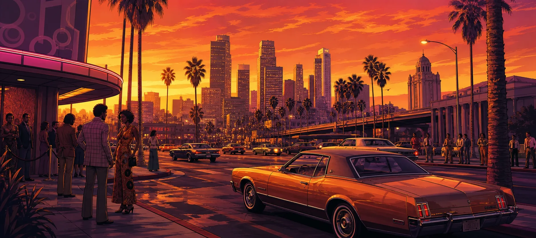Los Santos en 1974 au soleil couchant, entre nightclub, circulation et centre-ville