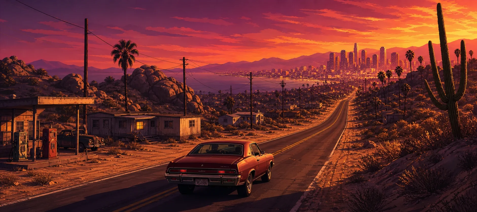 Route de Blaine County menant vers Los Santos au coucher du soleil